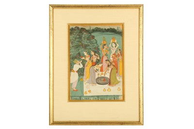 Lot 339 - A RAJPUT WARRIOR BEING OFFERED WATER BY COURTLY LADIES AT A WELL