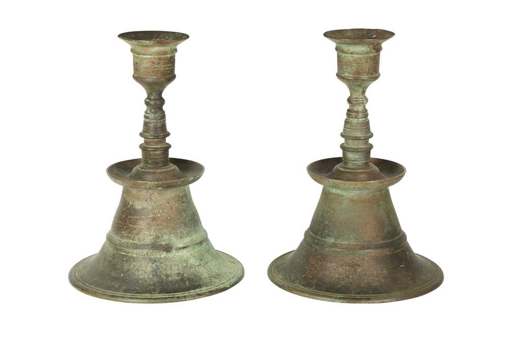 Lot 239 - A PAIR OF LARGE OTTOMAN BRONZE CANDLESTICKS