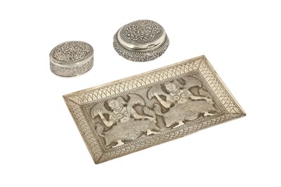 Lot 159 - TWO SMALL SILVER BOXES AND A SILVER REPOUSSÉ TRAY