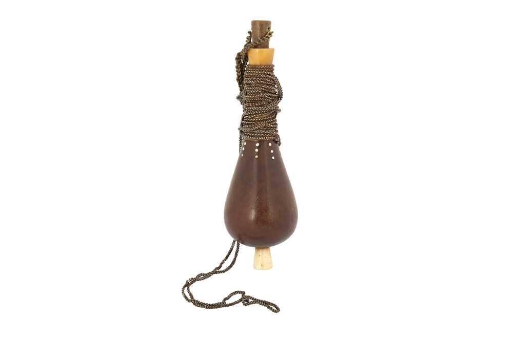 Lot 141 - λ A WOODEN, BONE AND IVORY GOURD-SHAPED OTTOMAN POWDER FLASK