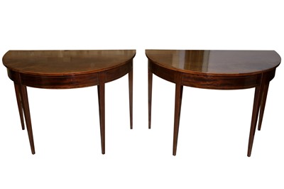 Lot 568 - A PAIR OF GEORGE III DEMI LUNE CONSOLE TABLES