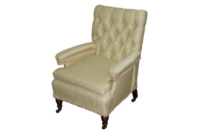 Lot 718 - A YELLOW UPHOLSTERED ARMCHAIR, LATE 19TH/EARLY 20TH CENTURY