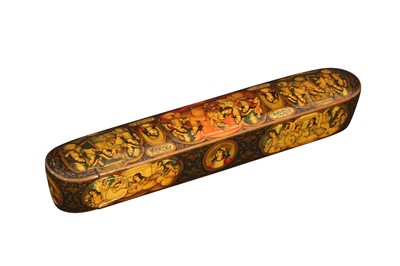 Lot 111 - A LACQUERED PAPIER-MÂCHÉ QALAMDAN WITH BAHRAM AND THE SEVEN PRINCESSES