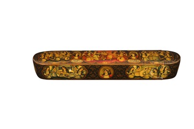 Lot 111 - A LACQUERED PAPIER-MÂCHÉ QALAMDAN WITH BAHRAM AND THE SEVEN PRINCESSES