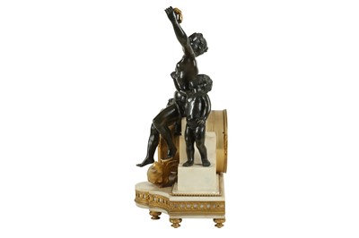 Lot 91 - AFTER THE MODEL BY ANDRE-CHARLES BOULLE: A LATE 19TH CENTURY FRENCH GILT AND PATINATED BRONZE AND MARBLE MANTEL CLOCK