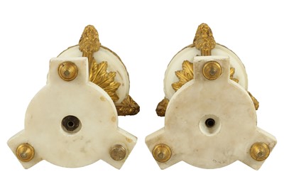 Lot 111 - A PAIR OF LATE 19TH CENTURY FRENCH GILT BRONZE AND WHITE MARBLE LAMP BASES IN THE MANNER OF PIERRE GOUTHIERE