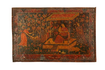 Lot 307 - A LACQUERED PAPIER-MÂCHÉ PANEL WITH MOTHER AND CHILD AND ATTENDANTS