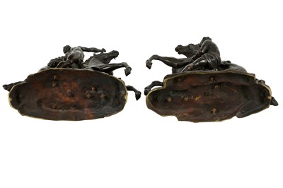 Lot 56 - AFTER GUILLAUME COUSTOU, FRENCH (1677-1746): A PAIR OF LATE 19TH CENTURY CENTURY PATINATED BRONZE MODELS OF THE MARLEY HORSES