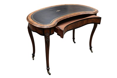 Lot 9 - A VICTORIAN EBONISED AND BURR WALNUT KIDNEY SHAPED WRITING TABLE