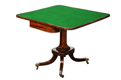 Lot 1 - A PAIR OF REGENCY PERIOD ROSEWOOD VENEERED AND BRASS INLAID FOLD OVER CARD TABLES