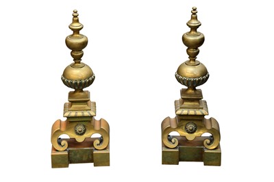 Lot 29 - A PAIR OF POLISHED BRASS ANDIRONS IN THE LATE 17TH CENTURY STYLE