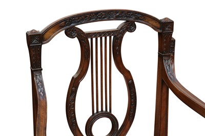 Lot 13 - A SET OF SIX NEOCLASSICAL STYLE MAHOGANY LYRE BACK ARMCHAIRS, LATE 19TH/EARLY 20TH CENTURY