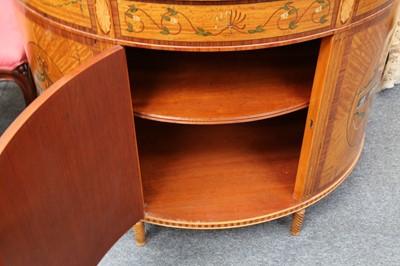 Lot 4 - A PAIR OF NEOCLASSICAL TASTE SATINWOOD, MARQUETRY INLAID AND PAINTED DEMI LUNE COMMODES