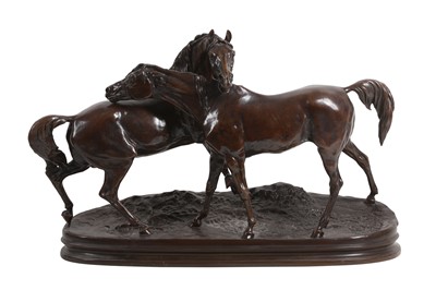 Lot 55 - AFTER PIERRE JULES MENE (FRENCH 1810-1879): A LATE 19TH CENTURY BRONZE OF 'LACCOLADE' BY SUSSE FRES