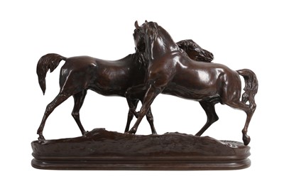 Lot 55 - AFTER PIERRE JULES MENE (FRENCH 1810-1879): A LATE 19TH CENTURY BRONZE OF 'LACCOLADE' BY SUSSE FRES