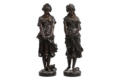 Lot 146 - JEAN BAPTISE GERMAIN (FRENCH, 1841-1910): A PAIR OF BRONZE FIGURES OF PEASANT GIRLS