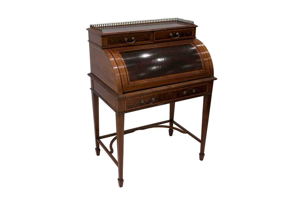 Lot 16 - A LATE VICTORIAN SHERATON REVIVAL CROSS-BANDED AND INLAID CYLINDER BUREAU