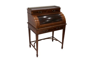 Lot 12 - A LATE VICTORIAN SHERATON REVIVAL CROSS-BANDED AND INLAID CYLINDER BUREAU