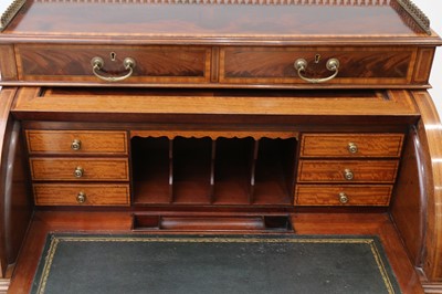 Lot 16 - A LATE VICTORIAN SHERATON REVIVAL CROSS-BANDED AND INLAID CYLINDER BUREAU