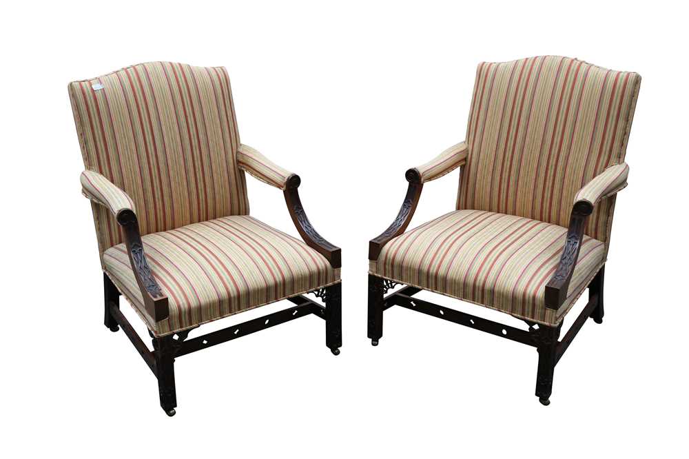 Lot 18 - A PAIR OF MAHOGANY GAINSBOROUGH ARMCHAIRS, IN THE CHINESE CHIPPENDALE STYLE