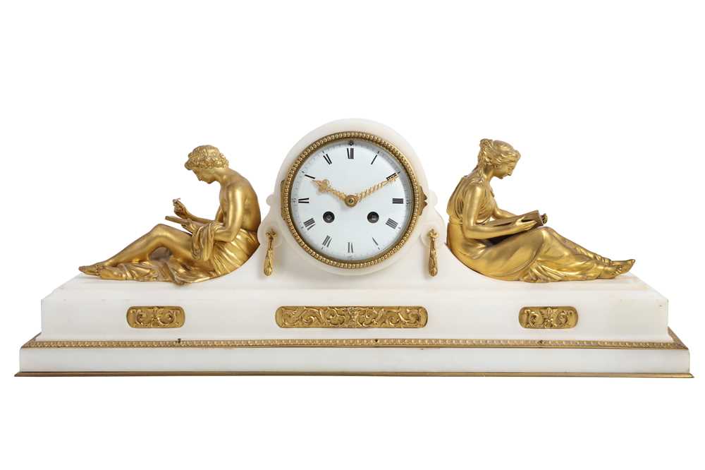 A FINE MID 19TH CENTURY FRENCH GILT BRONZE AND MARBLE FIGURAL MANTEL CLOCK...
