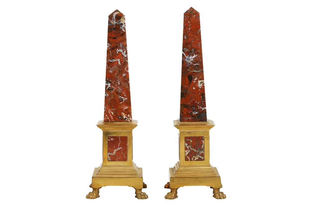 A PAIR OF MID 19TH CENTURY GRAND TOUR ROUGE MARBLE AND ORMOLU MOUNTED OBELISKS
