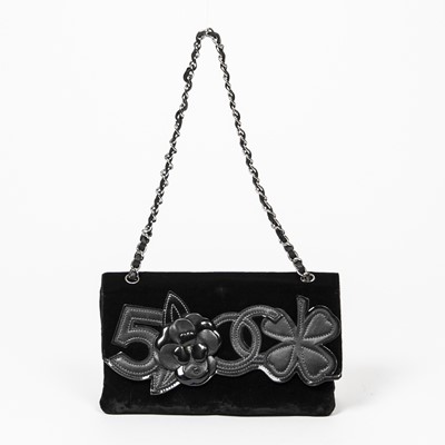 Lot 310 - Chanel Black Applique Camellia No. 5 Flap Bag