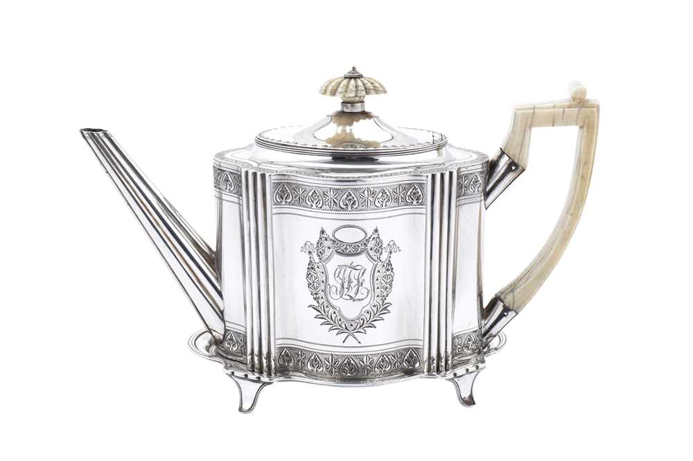 Lot 422 - A George III sterling silver teapot on stand, London 1792 by Henry Chawner (reg. 11th Nov 1786)