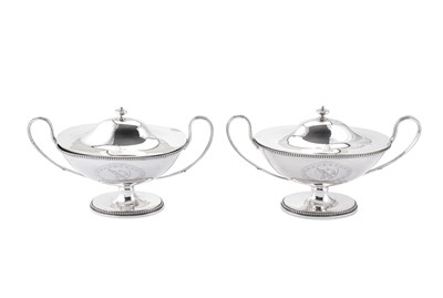 Lot 383 - A pair of George III sterling silver sauce tureens, London 1782 by Robert Hennell I (reg. 30th May 1772)