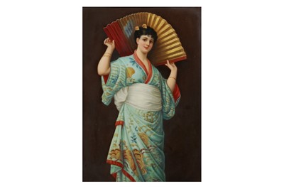 Lot 67 - A LATE 19TH CENTURY BERLIN K.P.M. PORCELAIN PLAQUE DEPICTING A GIRL WITH A FAN