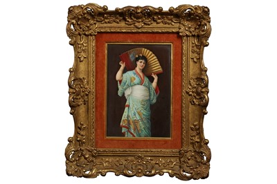 Lot 67 - A LATE 19TH CENTURY BERLIN K.P.M. PORCELAIN PLAQUE DEPICTING A GIRL WITH A FAN