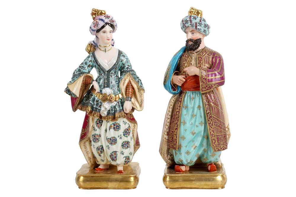 Lot 60 - A PAIR OF MID 19TH CENTURY PARIS PORCELAIN FIGURAL FLASKS OF A SULTAN AND SULTANA