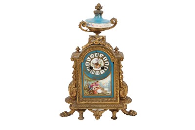 Lot 327 - A FRENCH SPELTER AND SEVRES STYLE PORCELAIN MANTEL CLOCK, LATE 19TH/EARLY 20TH CENTURY