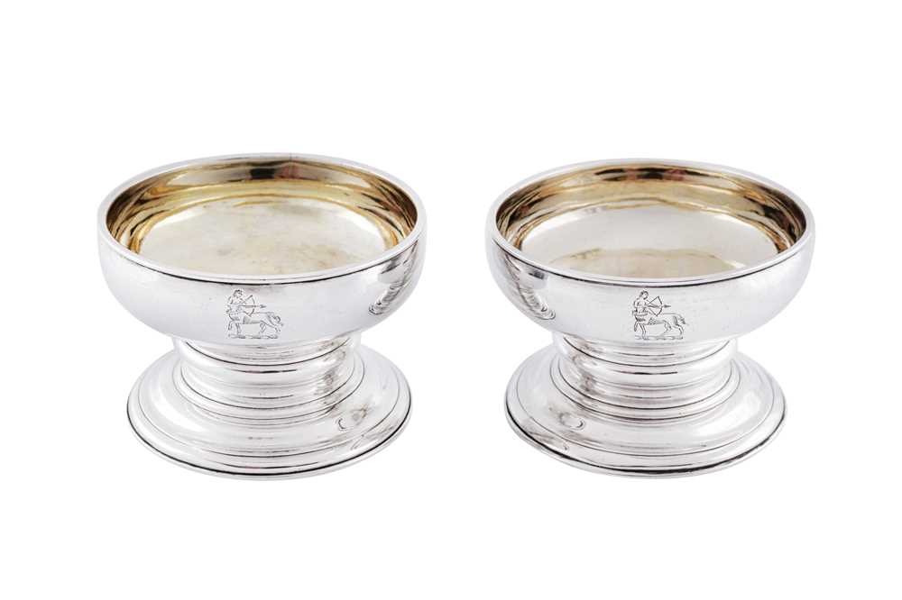 Lot 363 - A pair of George II sterling silver spool salts, London 1740 by Edward Wood (first reg. 18th Aug 1722, this mark: 3rd Sep 1740)
