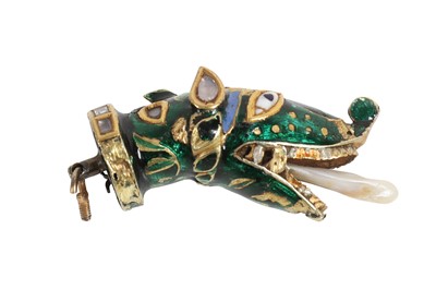 Lot 78 - AN INDIAN ENAMELLED AND PEARL MOUNTED DRAGON PENDANT, PROBABLY LATE 19TH / EARLY 20TH CENTURY