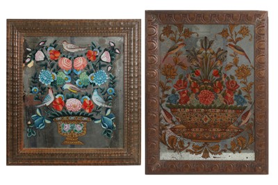Lot 71 - TWO MIDDLE EASTERN QAJAR REVERSE PAINTED GLASS PANELS DEPICTING BIRDS AND FLOWERS