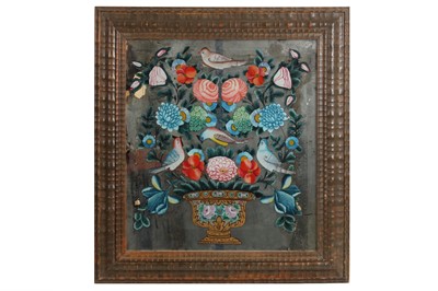 Lot 71 - TWO MIDDLE EASTERN QAJAR REVERSE PAINTED GLASS PANELS DEPICTING BIRDS AND FLOWERS