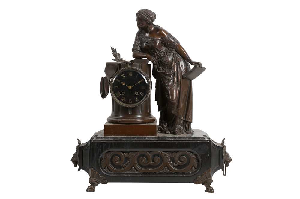 Lot 199 - A LATE 19TH CENTURY FRENCH BRONZE AND MARBLE FIGURAL MANTEL CLOCK