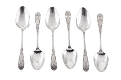 Lot 232 - A set of six George III Irish sterling silver dessert spoons, Dublin 1810 by George Nangle