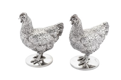 Lot 317 - A pair of heavy George V sterling silver table ornaments of chicken hens, Birmingham 1934 by Fattorini & Sons Ltd