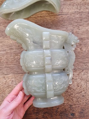 Lot 625 - A CHINESE PALE CELADON JADE ARCHAISTIC VESSEL AND COVER, GONG.