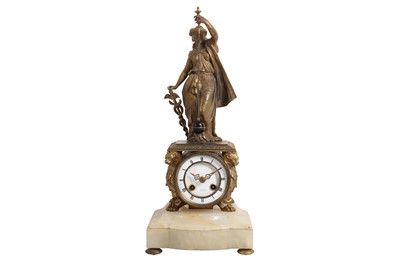 Lot 204 - A 19TH CENTURY AND LATER GILT METAL AND ALABASTER FIGURAL CONICAL PENDULUM CLOCK