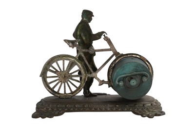 Lot 205 - AN EARLY 20TH CENTURY AMERICAN BRONZE BICYCLE CLOCK BY ANSONIA