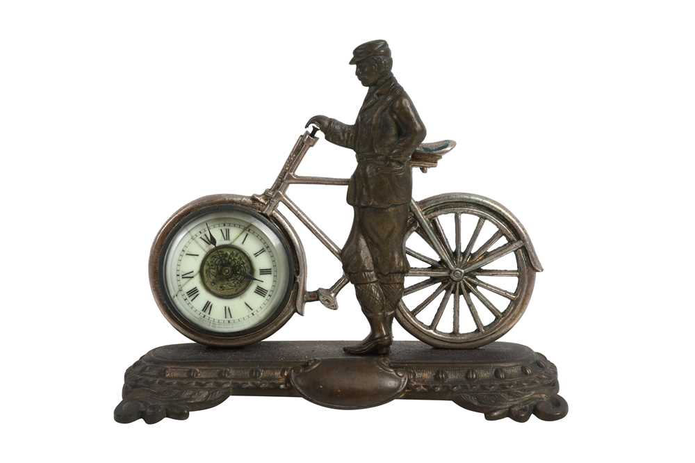 Lot 205 - AN EARLY 20TH CENTURY AMERICAN BRONZE BICYCLE CLOCK BY ANSONIA