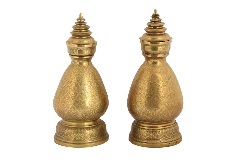 Lot 231 - A PAIR OF THAI ENGRAVED CEREMONIAL BRASS VASES