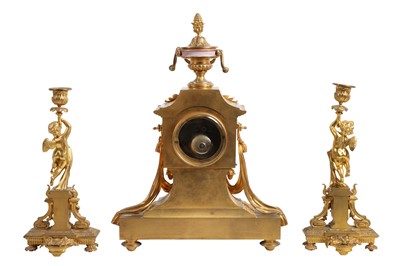 Lot 194 - A LATE 19TH CENTURY FRENCH GILT BRONZE AND PORCELAIN CLOCK GARNITURE