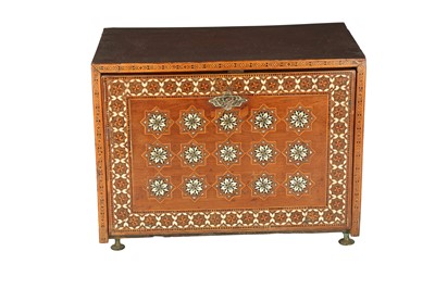 Lot 270 - λ AN HISPANO-MORESQUE IVORY, STAINED WOOD AND SILVER-INLAID WRITING CABINET (VARGUENO)