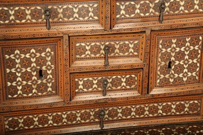 Lot 270 - λ AN HISPANO-MORESQUE IVORY, STAINED WOOD AND SILVER-INLAID WRITING CABINET (VARGUENO)