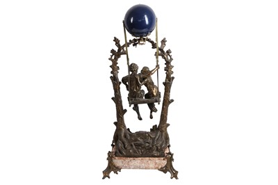 Lot 202 - A RARE EARLY 20TH CENTURY FRENCH BRONZED SPELTER NOVELTY SWINGING GLOBE CLOCK