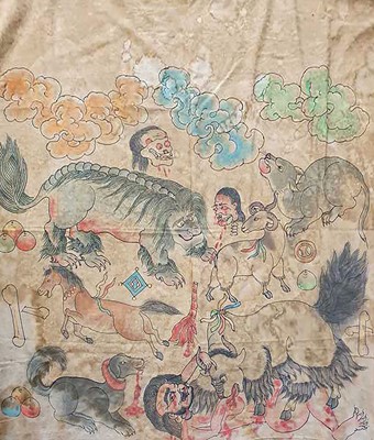 Lot 502 - A TIBETAN TEMPLE HANGING DEPICTING HELL.